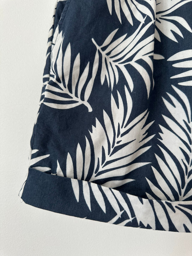 VANISHING ELEPHANT - PALM PRINT PLEAT COTTON SHORTS - NAVY / WHITE - 10-Shorts-UPTOWN VINTAGE-UPTOWN LOCAL