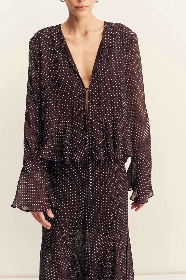 SHONA JOY - Maddox Long Sleeve Ruffle Top - Ristretto / Sky