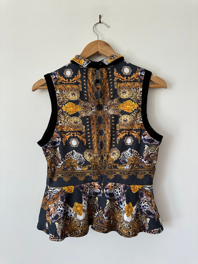 MAURIE & EVE - TIGER PINT PEPLUM TOP - BLACK / GOLD - 10-Shirts-UPTOWN VINTAGE-UPTOWN LOCAL