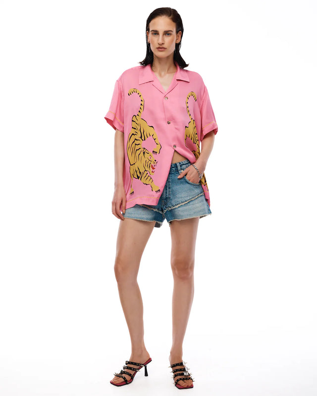 THE TALES - Crouching Tiger Washed Silk Shirt - Pink-Shirts & Tops-The Tales-XS-UPTOWN LOCAL