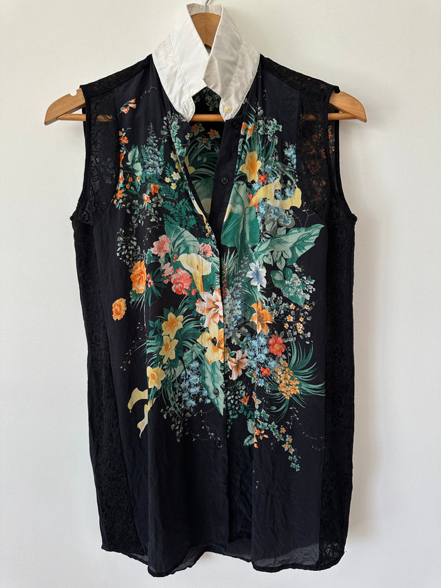 SANDRO - SILK PRINT W-LACE DETAIL S/L SHIRT - BLACK / MULTI - 2 / M-Shirts-UPTOWN VINTAGE-UPTOWN LOCAL