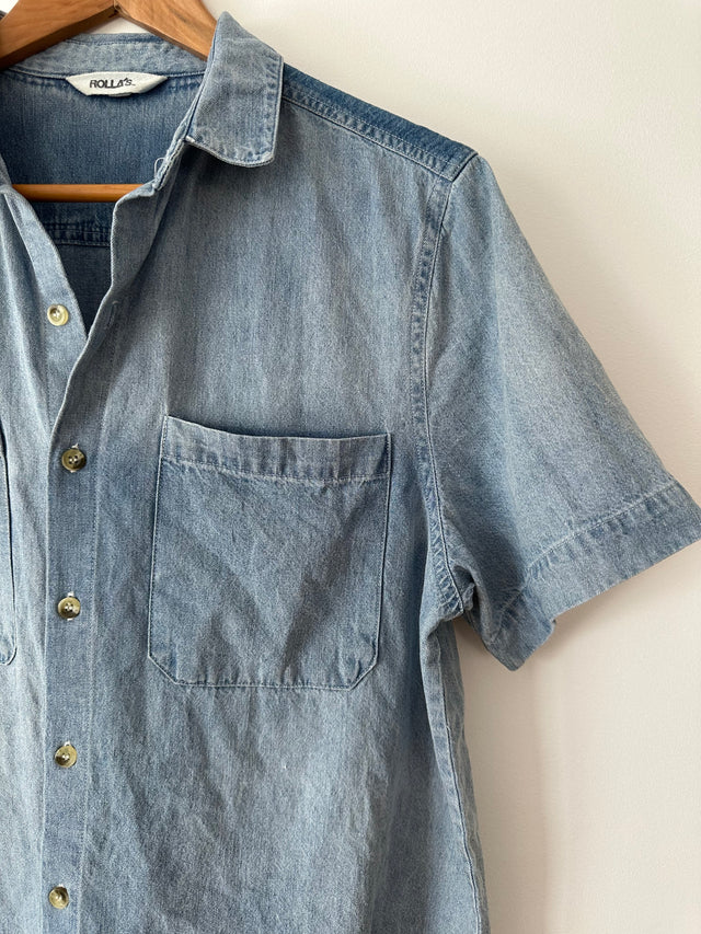 ROLLAS - SHORT SLEEVE DENIM SHIRT - WASHED BLUE - 8/S-Shirts-UPTOWN VINTAGE-UPTOWN LOCAL
