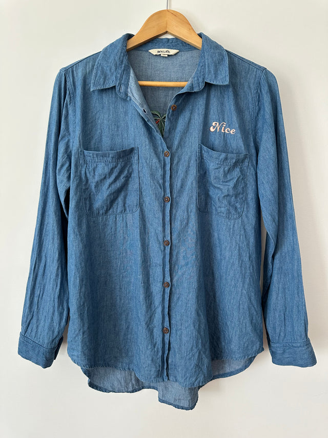 ROLLAS - CHAMBRAY DENIM SHIRT WITH EMBOIDERY - BLUE-Shirts-UPTOWN VINTAGE-UPTOWN LOCAL