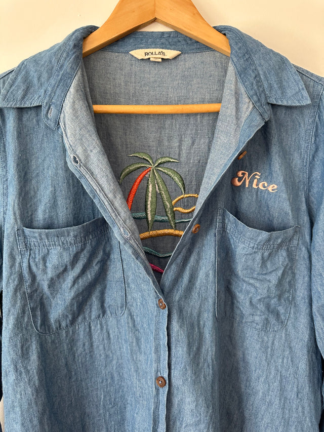 ROLLAS - CHAMBRAY DENIM SHIRT WITH EMBOIDERY - BLUE-Shirts-UPTOWN VINTAGE-UPTOWN LOCAL