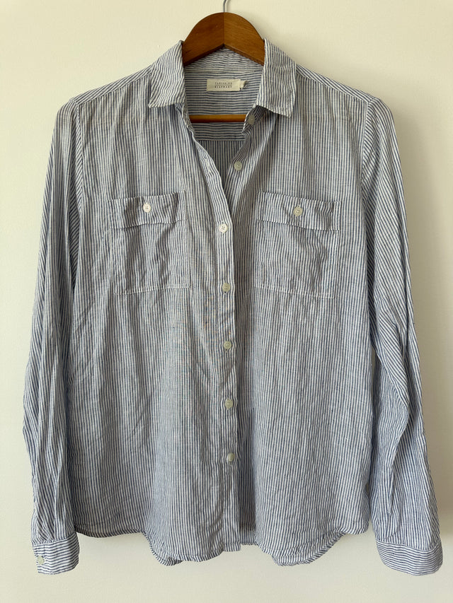 VANISHING ELEPHANT - LINEN STRIPE SHIRT - WHITE / BLUE - 12-Shirts-UPTOWN VINTAGE-UPTOWN LOCAL