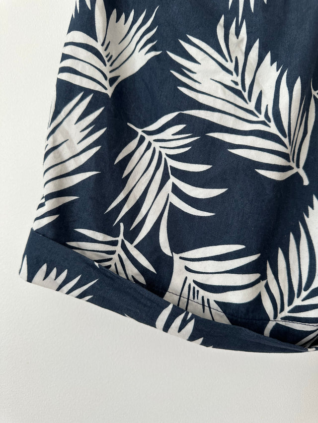 VANISHING ELEPHANT - PALM PRINT PLEAT COTTON SHORTS - NAVY / WHITE - 10-Shorts-UPTOWN VINTAGE-UPTOWN LOCAL