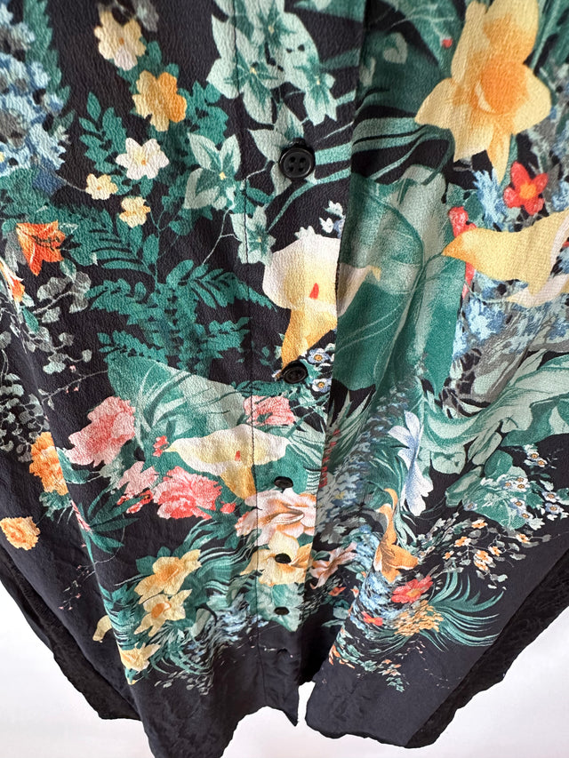 SANDRO - SILK PRINT W-LACE DETAIL S/L SHIRT - BLACK / MULTI - 2 / M-Shirts-UPTOWN VINTAGE-UPTOWN LOCAL