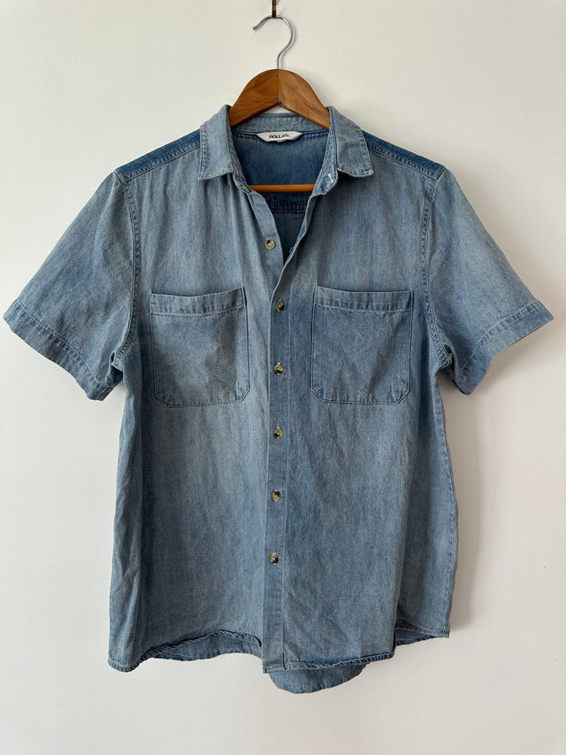 ROLLAS - SHORT SLEEVE DENIM SHIRT - WASHED BLUE - 8/S-Shirts-UPTOWN VINTAGE-UPTOWN LOCAL