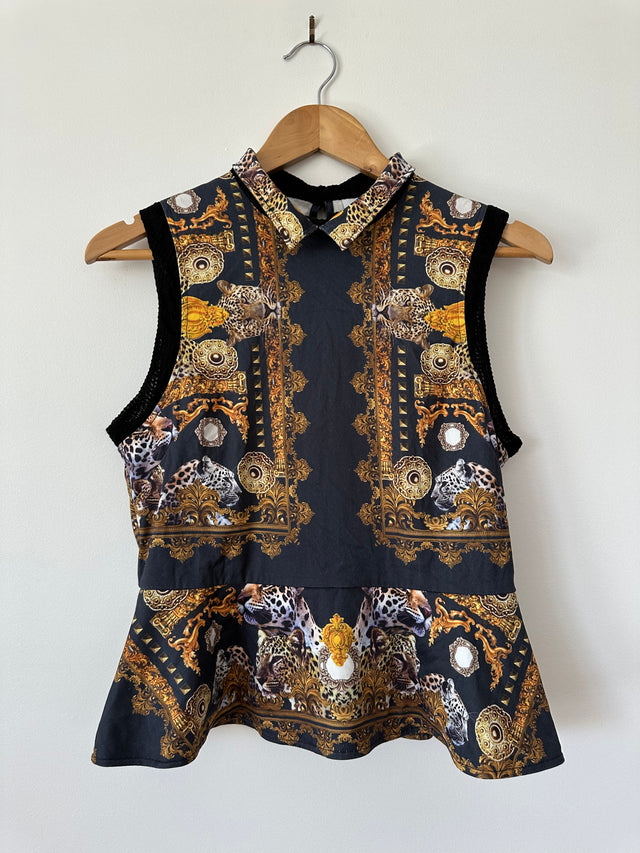MAURIE & EVE - TIGER PINT PEPLUM TOP - BLACK / GOLD - 10-Shirts-UPTOWN VINTAGE-UPTOWN LOCAL