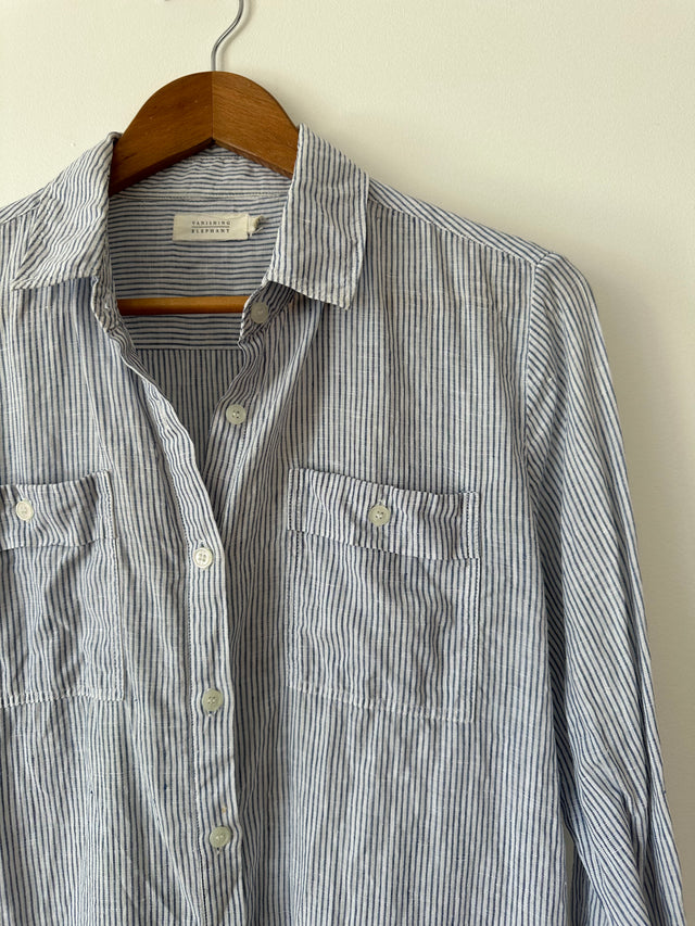 VANISHING ELEPHANT - LINEN STRIPE SHIRT - WHITE / BLUE - 12-Shirts-UPTOWN VINTAGE-UPTOWN LOCAL