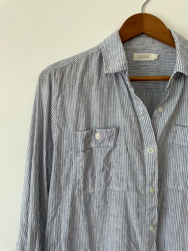 VANISHING ELEPHANT - LINEN STRIPE SHIRT - WHITE / BLUE - 12-Shirts-UPTOWN VINTAGE-UPTOWN LOCAL
