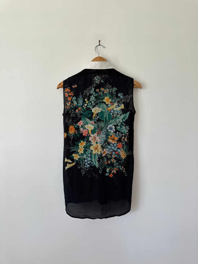SANDRO - SILK PRINT W-LACE DETAIL S/L SHIRT - BLACK / MULTI - 2 / M-Shirts-UPTOWN VINTAGE-UPTOWN LOCAL