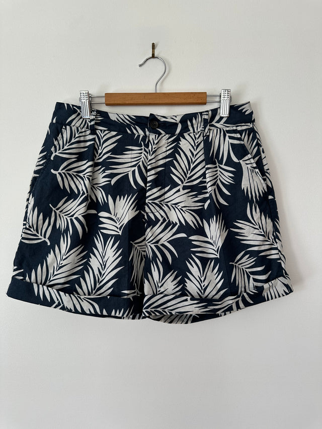 VANISHING ELEPHANT - PALM PRINT PLEAT COTTON SHORTS - NAVY / WHITE - 10-Shorts-UPTOWN VINTAGE-UPTOWN LOCAL