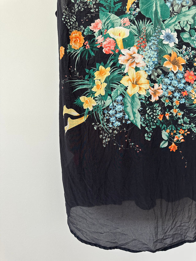 SANDRO - SILK PRINT W-LACE DETAIL S/L SHIRT - BLACK / MULTI - 2 / M-Shirts-UPTOWN VINTAGE-UPTOWN LOCAL