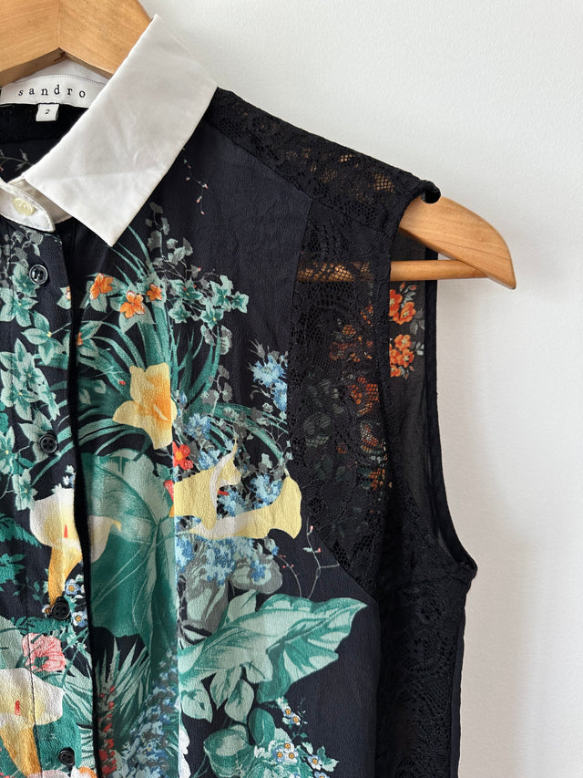SANDRO - SILK PRINT W-LACE DETAIL S/L SHIRT - BLACK / MULTI - 2 / M-Shirts-UPTOWN VINTAGE-UPTOWN LOCAL