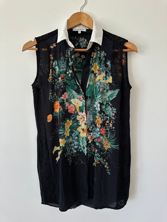 SANDRO - SILK PRINT W-LACE DETAIL S/L SHIRT - BLACK / MULTI - 2 / M-Shirts-UPTOWN VINTAGE-UPTOWN LOCAL