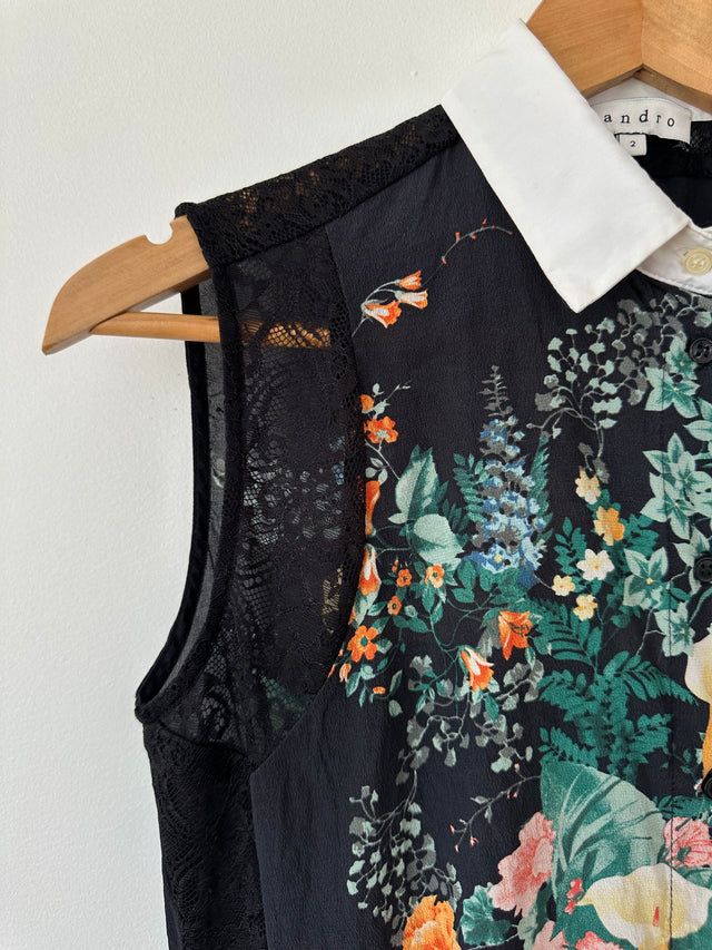 SANDRO - SILK PRINT W-LACE DETAIL S/L SHIRT - BLACK / MULTI - 2 / M-Shirts-UPTOWN VINTAGE-UPTOWN LOCAL
