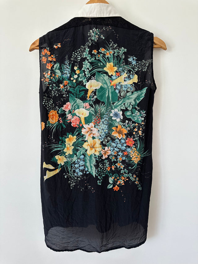SANDRO - SILK PRINT W-LACE DETAIL S/L SHIRT - BLACK / MULTI - 2 / M-Shirts-UPTOWN VINTAGE-UPTOWN LOCAL