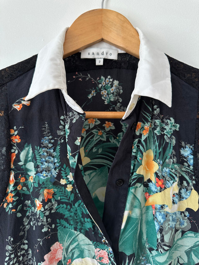 SANDRO - SILK PRINT W-LACE DETAIL S/L SHIRT - BLACK / MULTI - 2 / M-Shirts-UPTOWN VINTAGE-UPTOWN LOCAL