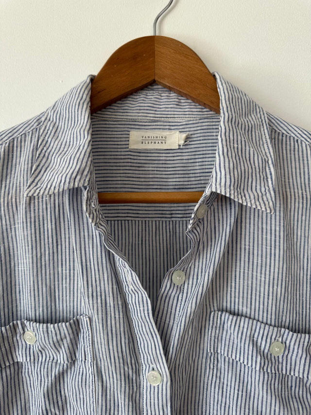 VANISHING ELEPHANT - LINEN STRIPE SHIRT - WHITE / BLUE - 12-Shirts-UPTOWN VINTAGE-UPTOWN LOCAL