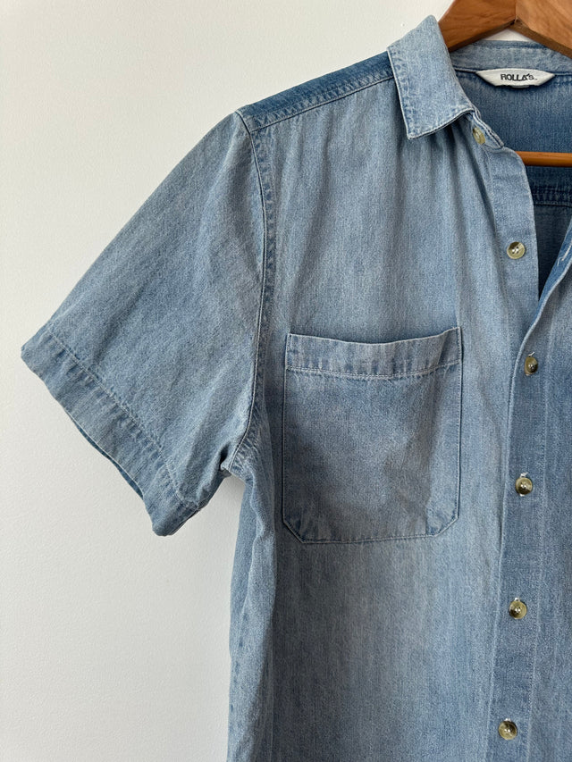 ROLLAS - SHORT SLEEVE DENIM SHIRT - WASHED BLUE - 8/S-Shirts-UPTOWN VINTAGE-UPTOWN LOCAL