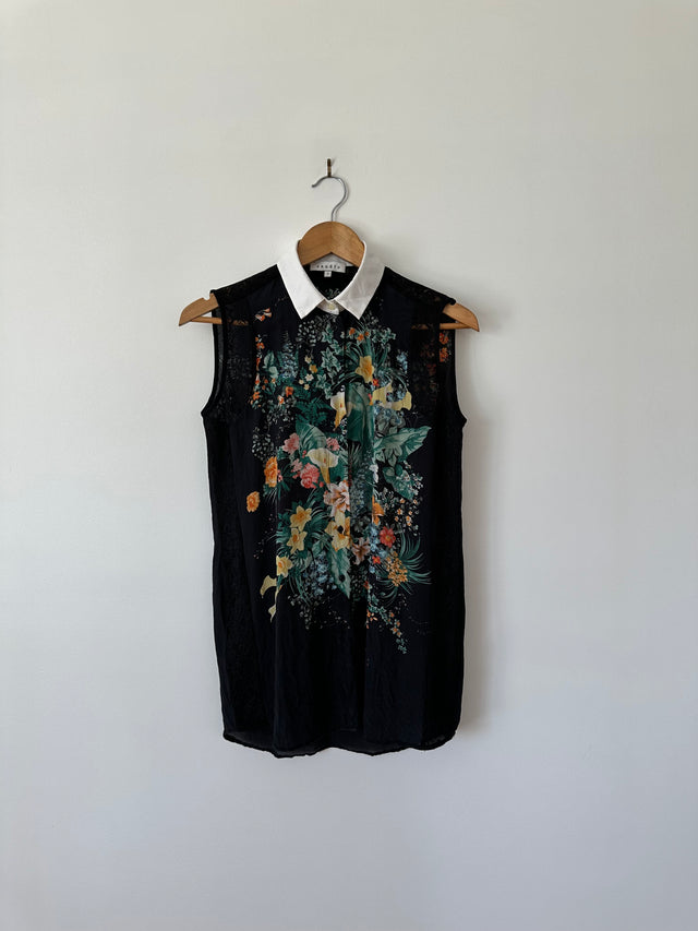 SANDRO - SILK PRINT W-LACE DETAIL S/L SHIRT - BLACK / MULTI - 2 / M-Shirts-UPTOWN VINTAGE-UPTOWN LOCAL