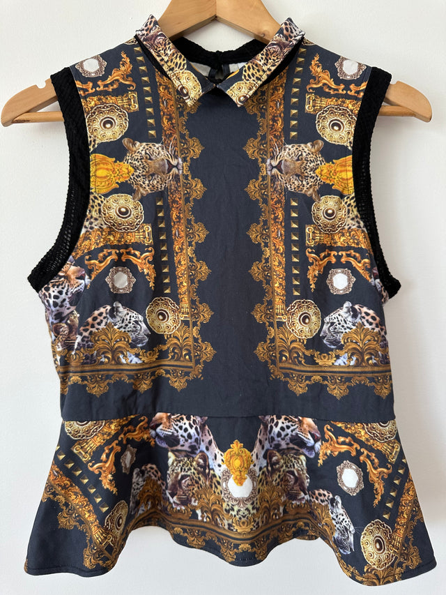 MAURIE & EVE - TIGER PINT PEPLUM TOP - BLACK / GOLD - 10-Shirts-UPTOWN VINTAGE-UPTOWN LOCAL