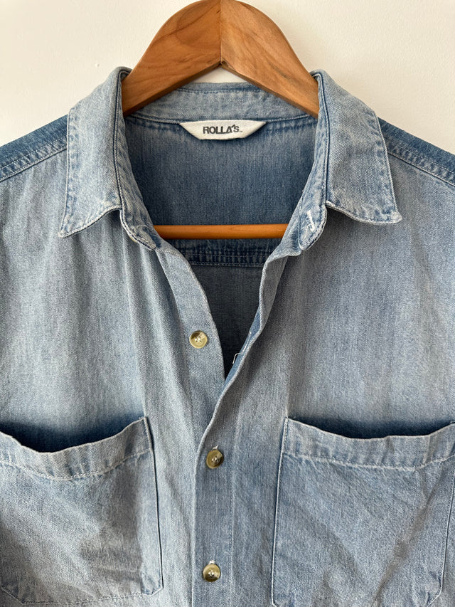 ROLLAS - SHORT SLEEVE DENIM SHIRT - WASHED BLUE - 8/S-Shirts-UPTOWN VINTAGE-UPTOWN LOCAL
