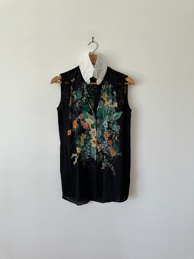 SANDRO - SILK PRINT W-LACE DETAIL S/L SHIRT - BLACK / MULTI - 2 / M-Shirts-UPTOWN VINTAGE-UPTOWN LOCAL