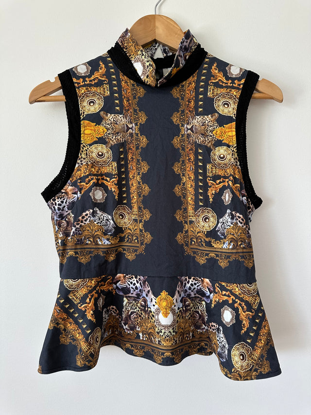 MAURIE & EVE - TIGER PINT PEPLUM TOP - BLACK / GOLD - 10-Shirts-UPTOWN VINTAGE-UPTOWN LOCAL