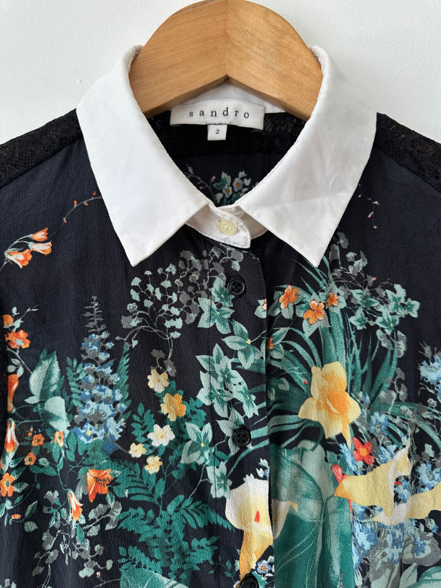 SANDRO - SILK PRINT W-LACE DETAIL S/L SHIRT - BLACK / MULTI - 2 / M-Shirts-UPTOWN VINTAGE-UPTOWN LOCAL