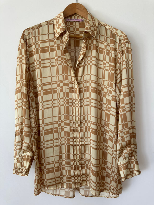 HANSEN & GRETEL - GEO CHECK OVERSIZED SHIRT - GOLD - M-Shirts-UPTOWN VINTAGE-UPTOWN LOCAL