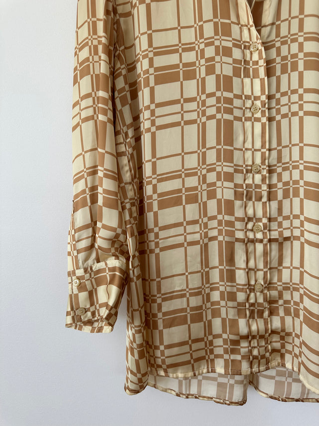 HANSEN & GRETEL - GEO CHECK OVERSIZED SHIRT - GOLD - M-Shirts-UPTOWN VINTAGE-UPTOWN LOCAL