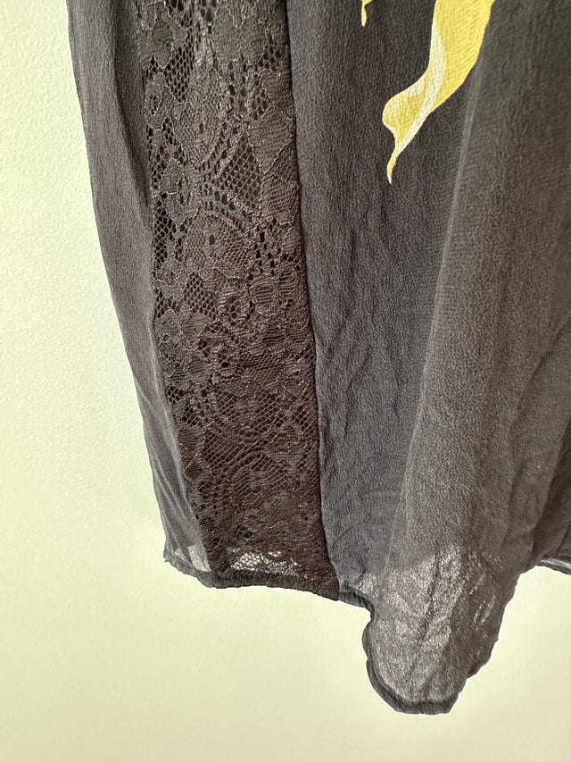 SANDRO - SILK PRINT W-LACE DETAIL S/L SHIRT - BLACK / MULTI - 2 / M-Shirts-UPTOWN VINTAGE-UPTOWN LOCAL