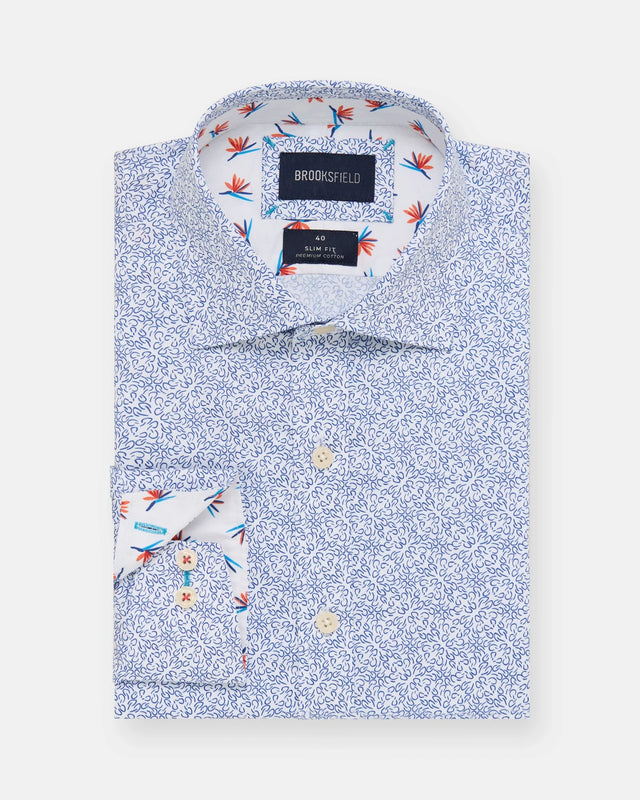 BROOKSFIELD - Luxe Print Slim Fit Shirt - Blue / White-Shirts-Brooksfield-39-UPTOWN LOCAL