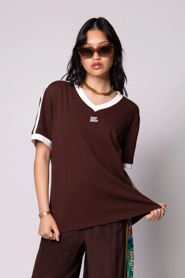 SOMETHING VERY SPECIAL - Classic Mesh Stripe Tee - Mocha-T-Shirts-Something Very Special-S-UPTOWN LOCAL