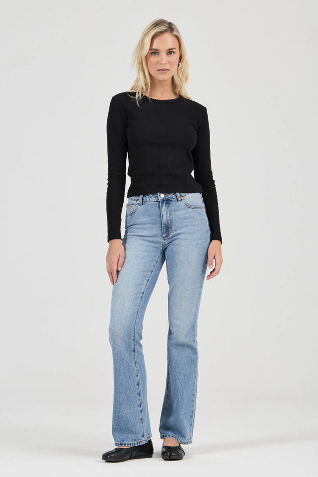 ROLLAS - Pointelle Classic Long Sleeve Top - Black-tops-Rolla's-6/XS-UPTOWN LOCAL