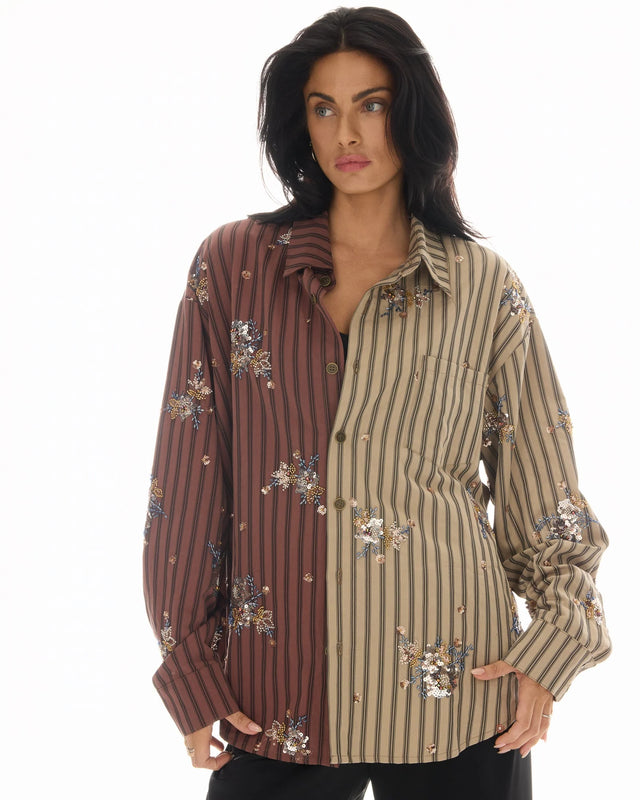 THE TALES - Embellished Half N Half Stripe Shirt