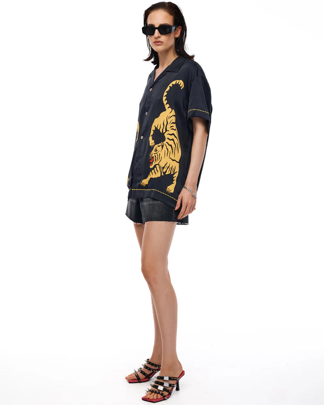 THE TALES - Crouching Tiger Silk Shirt - Black-Shirts & Tops-The Tales-XS-UPTOWN LOCAL