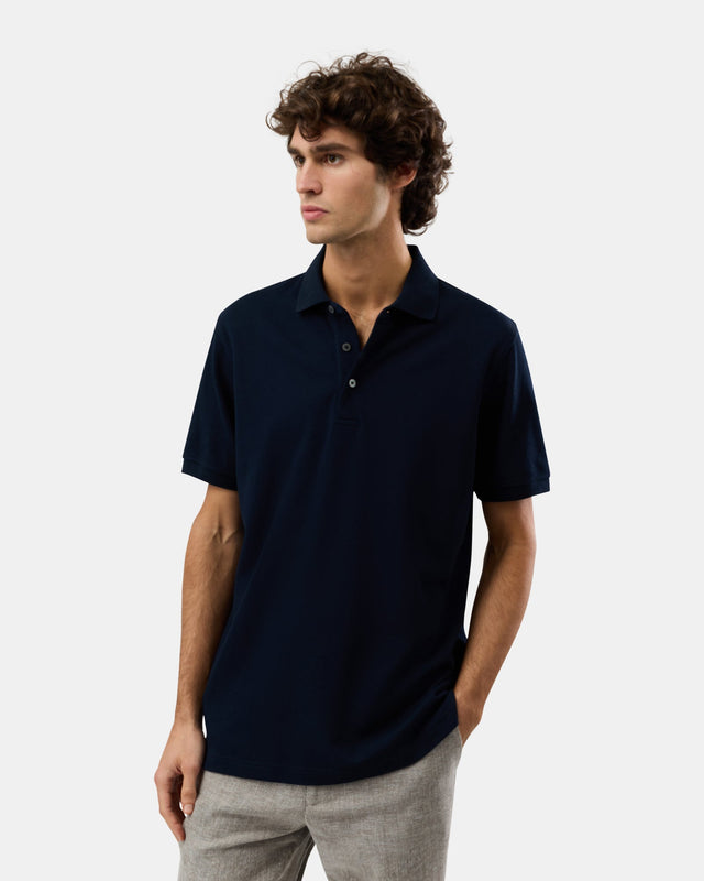 Brooksfield Cotton Stretch Textured Polo Shirt in Navy