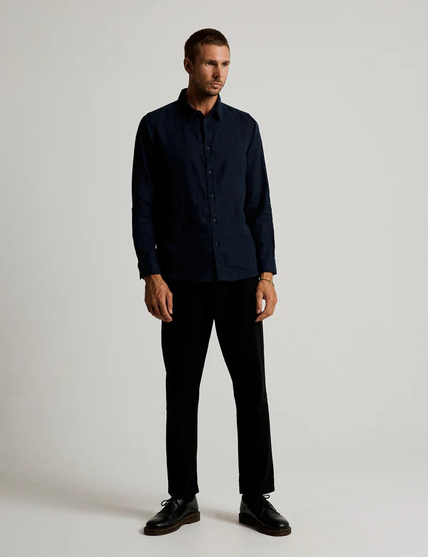 MR SIMPLE - LINEN LONG SLEEVE SHIRT - NAVY-Shirts-Mr. Simple-S-UPTOWN LOCAL