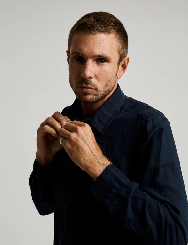 MR SIMPLE - LINEN LONG SLEEVE SHIRT - NAVY-Shirts-Mr. Simple-S-UPTOWN LOCAL