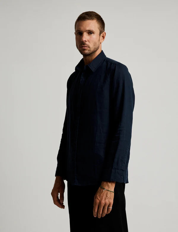 MR SIMPLE - LINEN LONG SLEEVE SHIRT - NAVY-Shirts-Mr. Simple-S-UPTOWN LOCAL