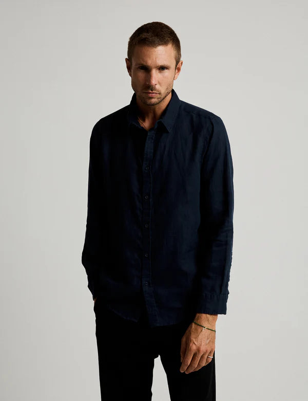 MR SIMPLE - LINEN LONG SLEEVE SHIRT - NAVY-Shirts-Mr. Simple-S-UPTOWN LOCAL