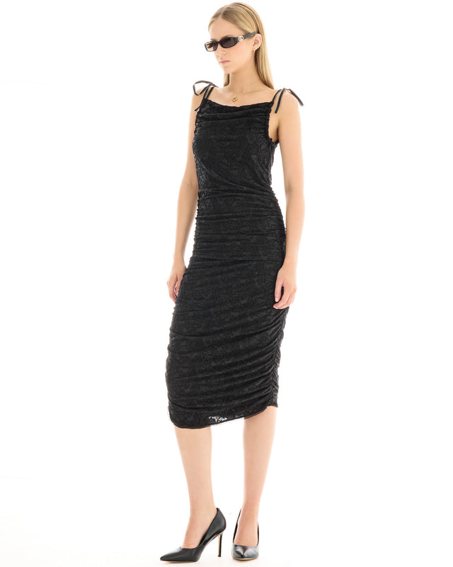 THE TALES - Grecian Tie Side Jacquard Dress - Black – view 4