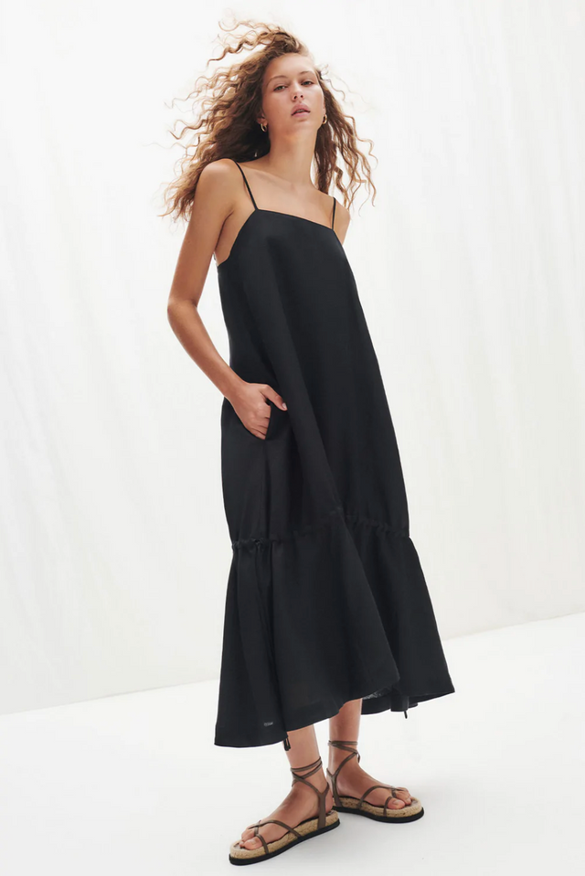 Morgan Linen Lantern Midi Dress - Black-Dresses-Shona Joy-6-UPTOWN LOCAL