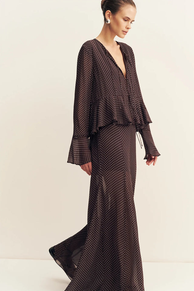 SHONA JOY - Maddox Long Sleeve Ruffle Top - Ristretto / Sky
