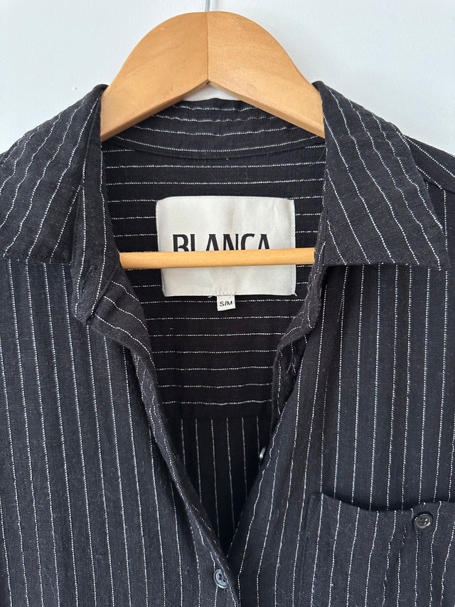 BLANCA - LINEN / RAYON PINSTRIPE SHIRT - BLACK - S/M-Shirts-UPTOWN VINTAGE-UPTOWN LOCAL