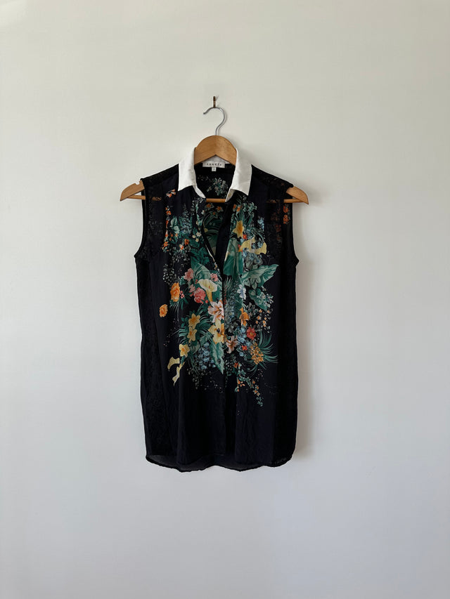 SANDRO - SILK PRINT W-LACE DETAIL S/L SHIRT - BLACK / MULTI - 2 / M-Shirts-UPTOWN VINTAGE-UPTOWN LOCAL