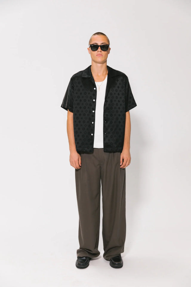 SOMETHING VERY SPECIAL - Jacquard Satin Resort Shirt - Black-Shirts & Tops-Something Very Special-S-UPTOWN LOCAL